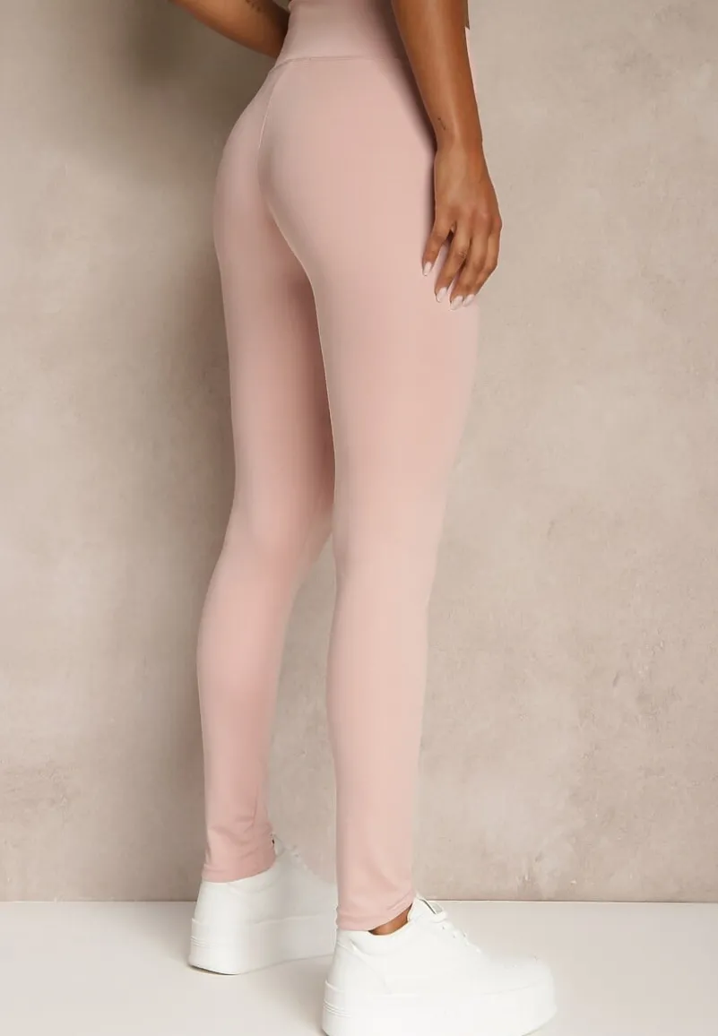 Różowe Legginsy High Waist z Gumką w Pasie Cloen