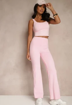 Różowe Legginsy High Waist z Szeroką Gumką w Pasie Idalania