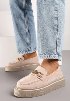 Różowe Mokasyny na Płaskiej Podeszwie z Łańcuszkiem Evastria