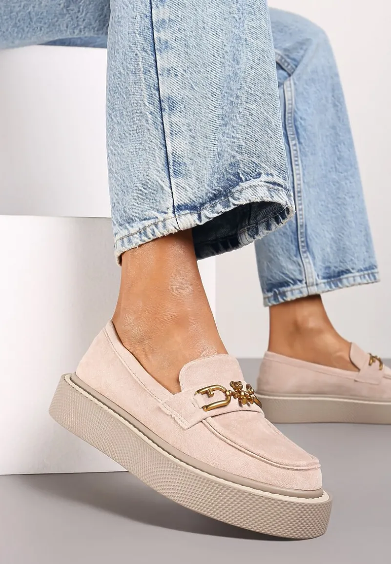 Różowe Mokasyny na Płaskiej Podeszwie z Łańcuszkiem Evastria