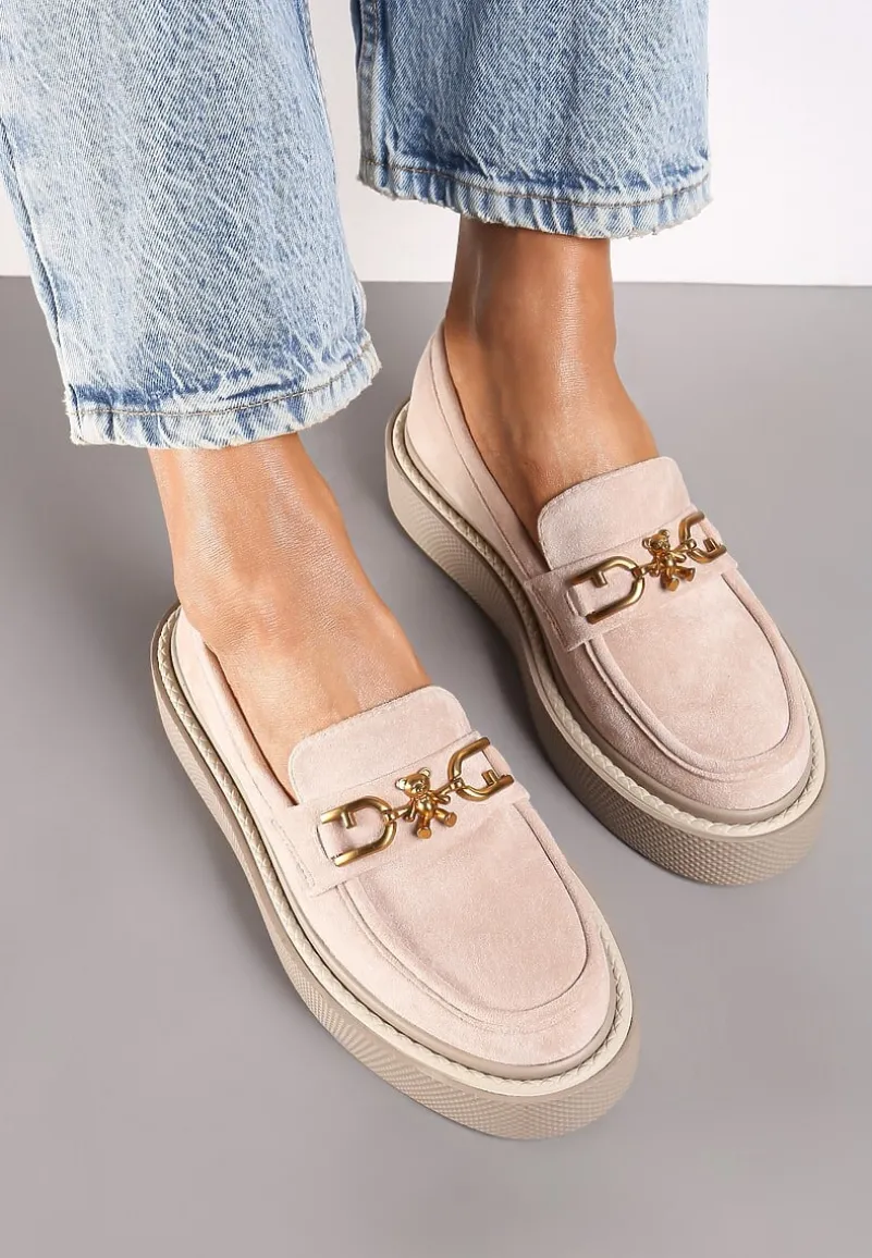 Różowe Mokasyny na Płaskiej Podeszwie z Łańcuszkiem Evastria