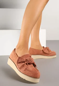 Różowe Mokasyny z Ekozamszu na Niskiej Platformie z Ozdobną Kokardą Nusalena