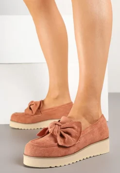 Różowe Mokasyny z Ekozamszu na Niskiej Platformie z Ozdobną Kokardą Nusalena
