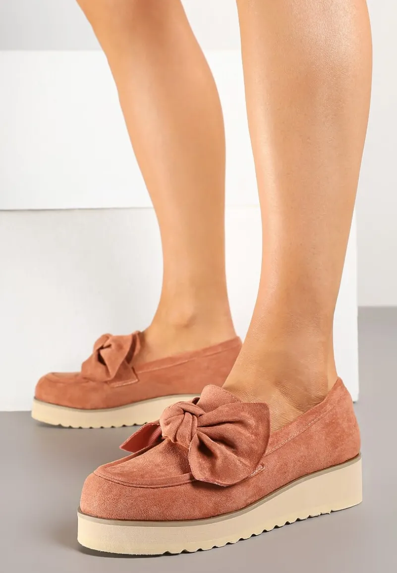 Różowe Mokasyny z Ekozamszu na Niskiej Platformie z Ozdobną Kokardą Nusalena