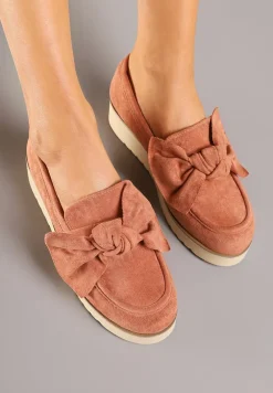 Różowe Mokasyny z Ekozamszu na Niskiej Platformie z Ozdobną Kokardą Nusalena