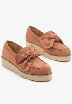 Różowe Mokasyny z Ekozamszu na Niskiej Platformie z Ozdobną Kokardą Nusalena