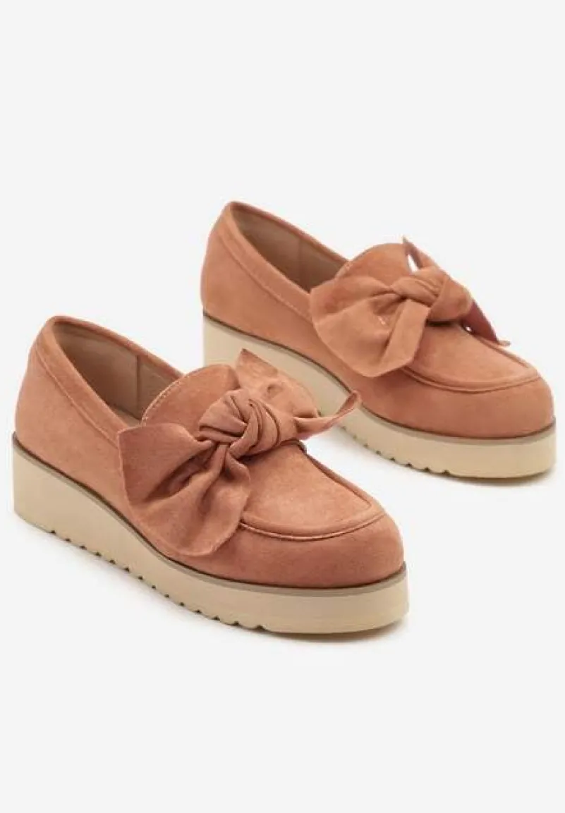 Różowe Mokasyny z Ekozamszu na Niskiej Platformie z Ozdobną Kokardą Nusalena