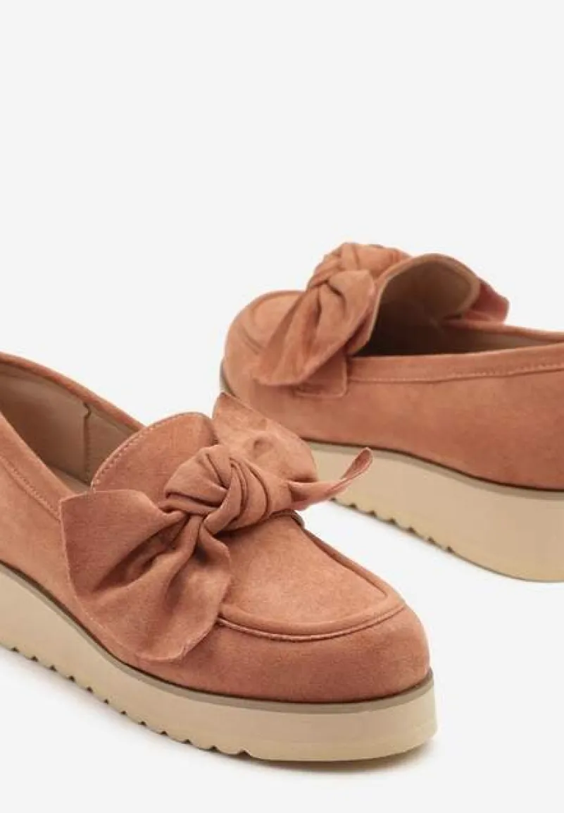 Różowe Mokasyny z Ekozamszu na Niskiej Platformie z Ozdobną Kokardą Nusalena