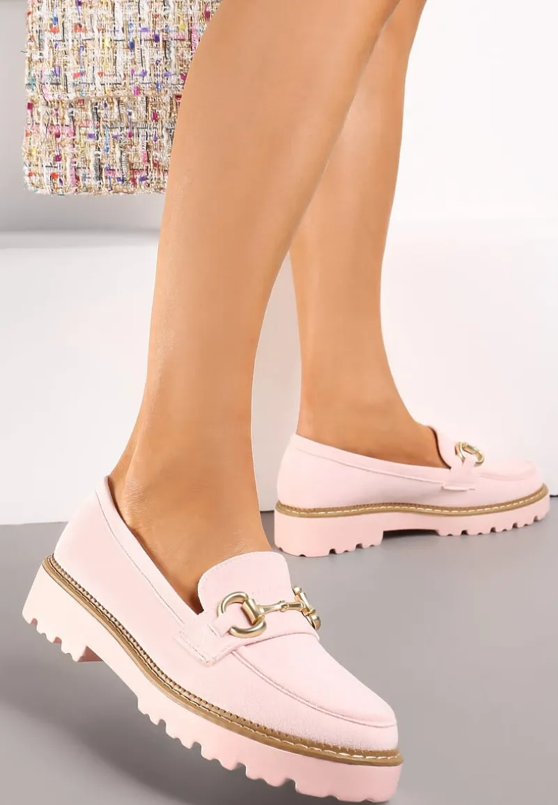 Różowe Mokasyny z Imitacji Zamszu i Ozdobną Klamerką Zanita