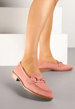 Różowe Mokasyny z Wkładką ze Skóry Naturalnej Zdobione Łańcuszkiem Delariona