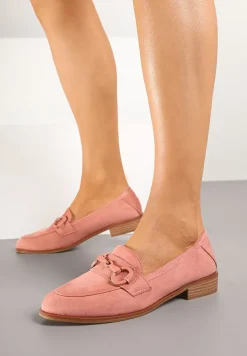Różowe Mokasyny z Wkładką ze Skóry Naturalnej Zdobione Łańcuszkiem Delariona