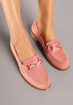 Różowe Mokasyny z Wkładką ze Skóry Naturalnej Zdobione Łańcuszkiem Delariona
