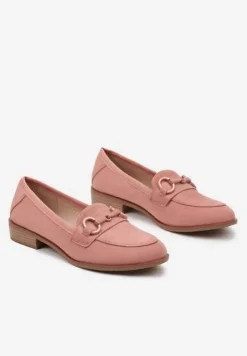 Różowe Mokasyny z Wkładką ze Skóry Naturalnej Zdobione Łańcuszkiem Delariona