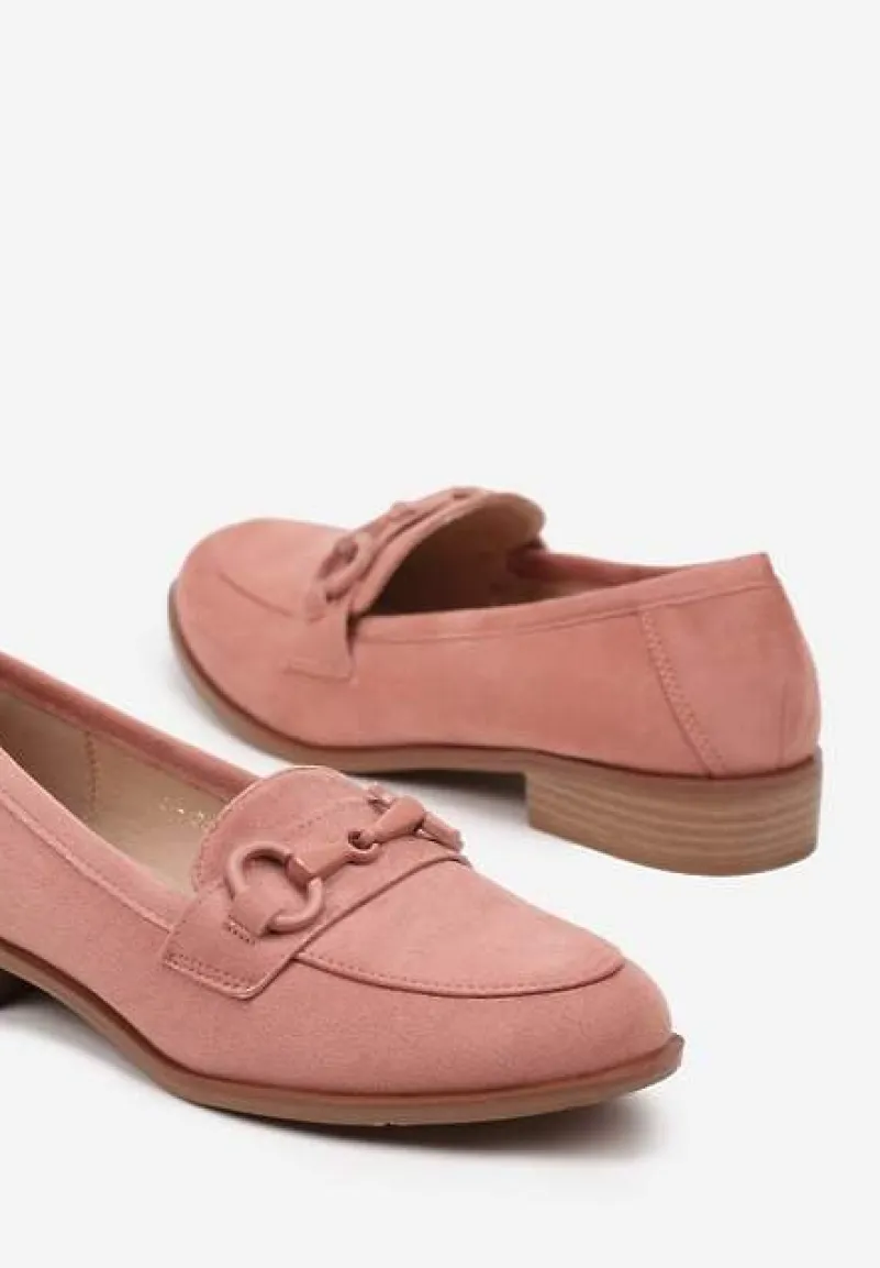 Różowe Mokasyny z Wkładką ze Skóry Naturalnej Zdobione Łańcuszkiem Delariona