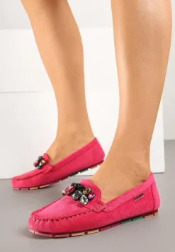 Różowe Mokasyny z Wkładką ze Skóry Naturalnej i Cyrkoniami Zimora
