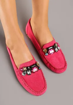 Różowe Mokasyny z Wkładką ze Skóry Naturalnej i Cyrkoniami Zimora