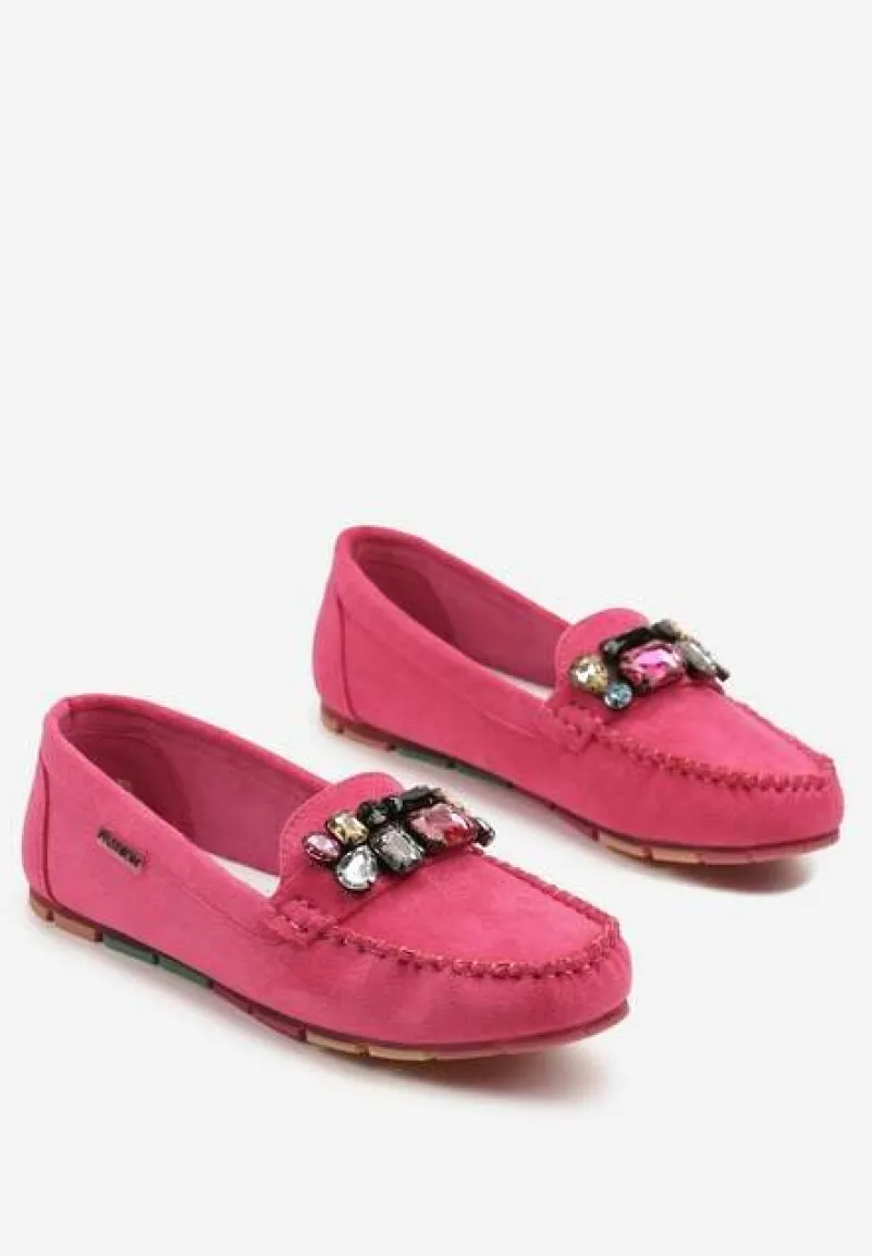 Różowe Mokasyny z Wkładką ze Skóry Naturalnej i Cyrkoniami Zimora