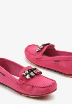 Różowe Mokasyny z Wkładką ze Skóry Naturalnej i Cyrkoniami Zimora