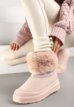 Różowe Śniegowce na Płaskiej Podeszwie Ozdobione Futerkiem i Haftem Lannetea