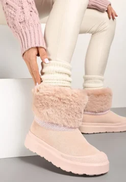 Różowe Śniegowce na Płaskiej Podeszwie Ozdobione Futerkiem i Haftem Lannetea