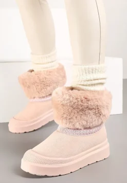 Różowe Śniegowce na Płaskiej Podeszwie Ozdobione Futerkiem i Haftem Lannetea