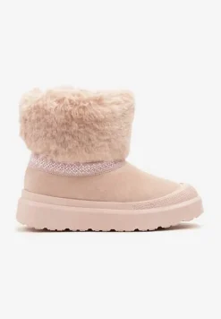 Różowe Śniegowce na Płaskiej Podeszwie Ozdobione Futerkiem i Haftem Lannetea