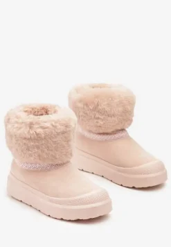 Różowe Śniegowce na Płaskiej Podeszwie Ozdobione Futerkiem i Haftem Lannetea