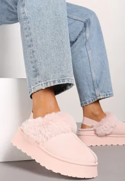 Różowe Śniegowce na Platformie Ozdobione Futerkiem i Paskiem na Pięcie Inarine