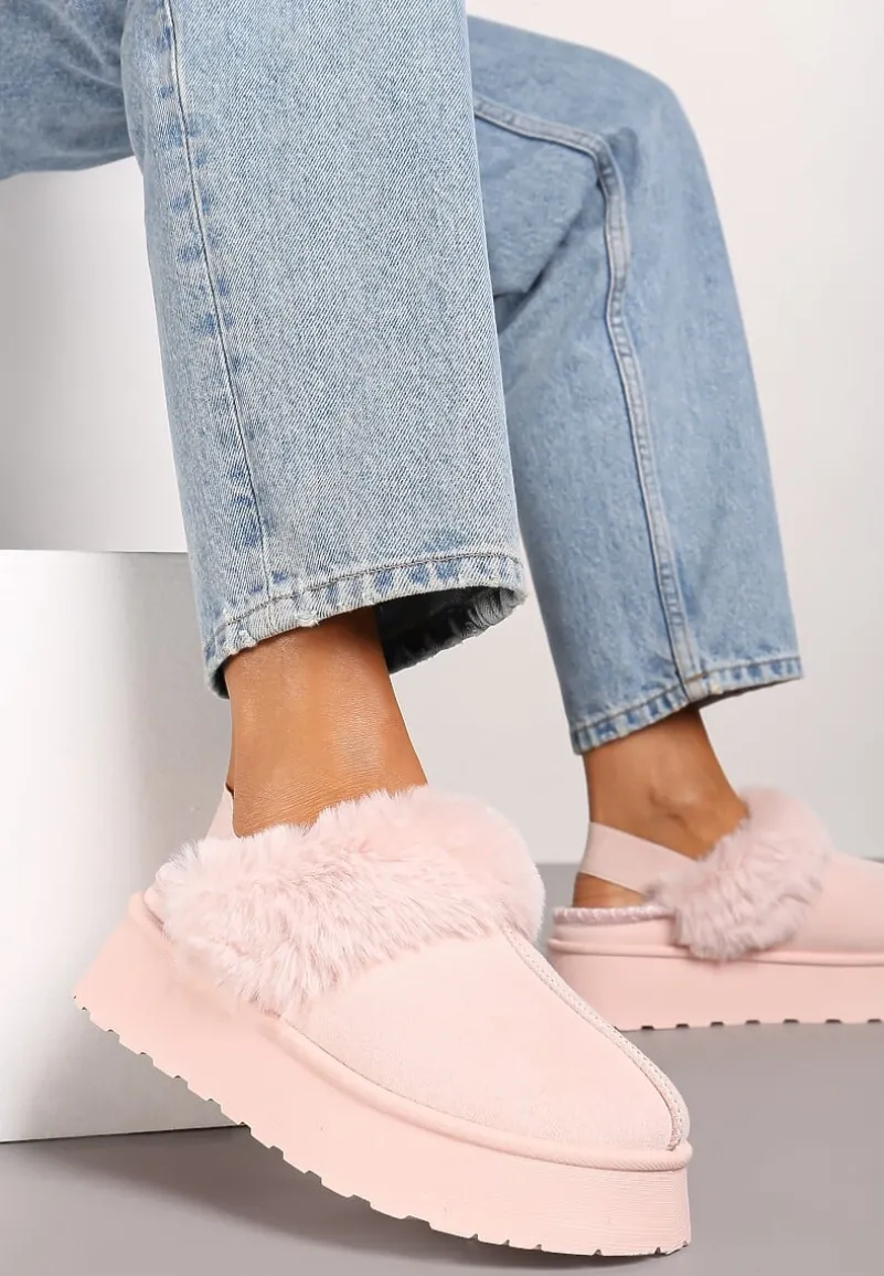 Różowe Śniegowce na Platformie Ozdobione Futerkiem i Paskiem na Pięcie Inarine