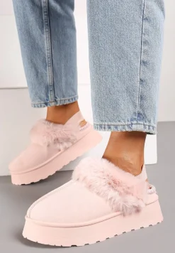 Różowe Śniegowce na Platformie Ozdobione Futerkiem i Paskiem na Pięcie Inarine