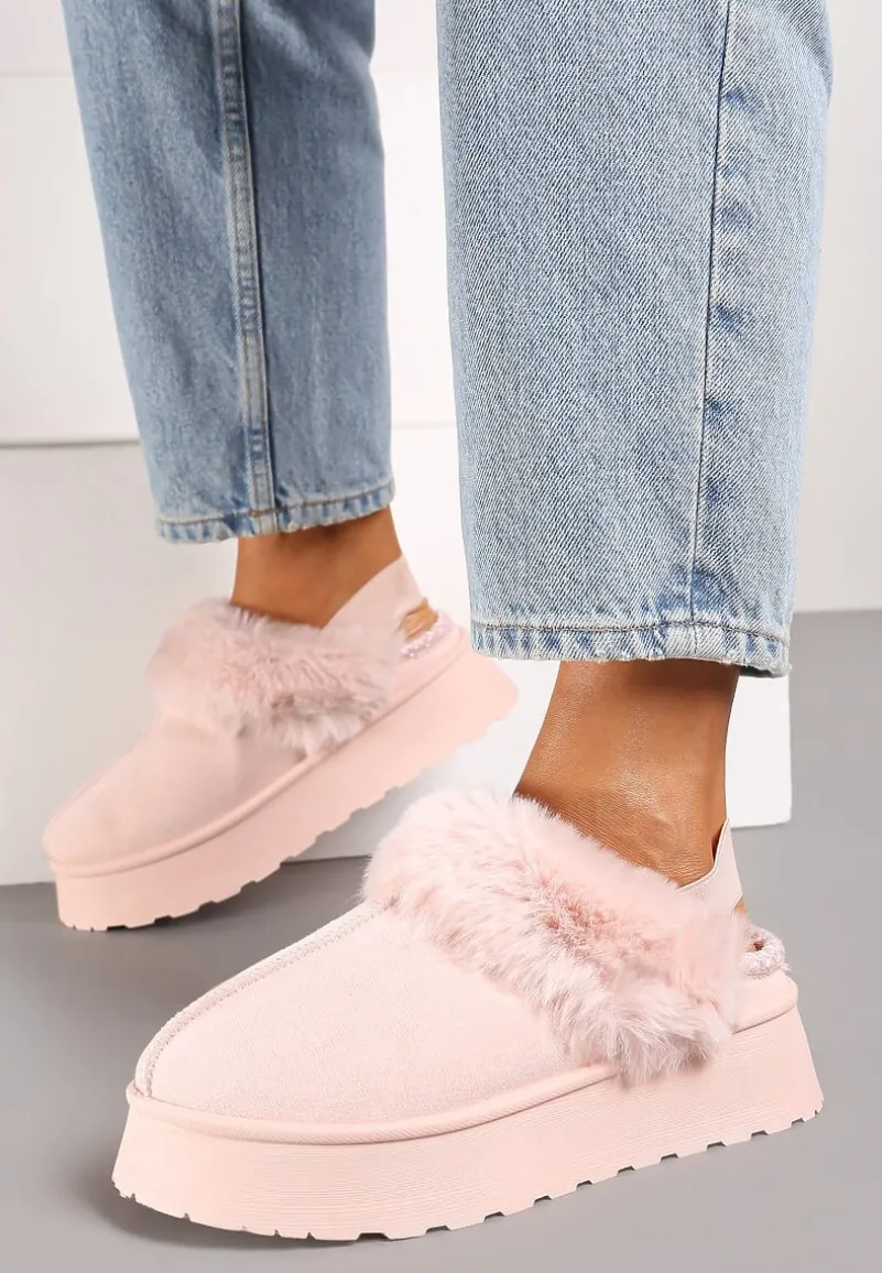 Różowe Śniegowce na Platformie Ozdobione Futerkiem i Paskiem na Pięcie Inarine