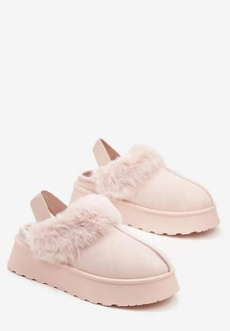 Różowe Śniegowce na Platformie Ozdobione Futerkiem i Paskiem na Pięcie Inarine