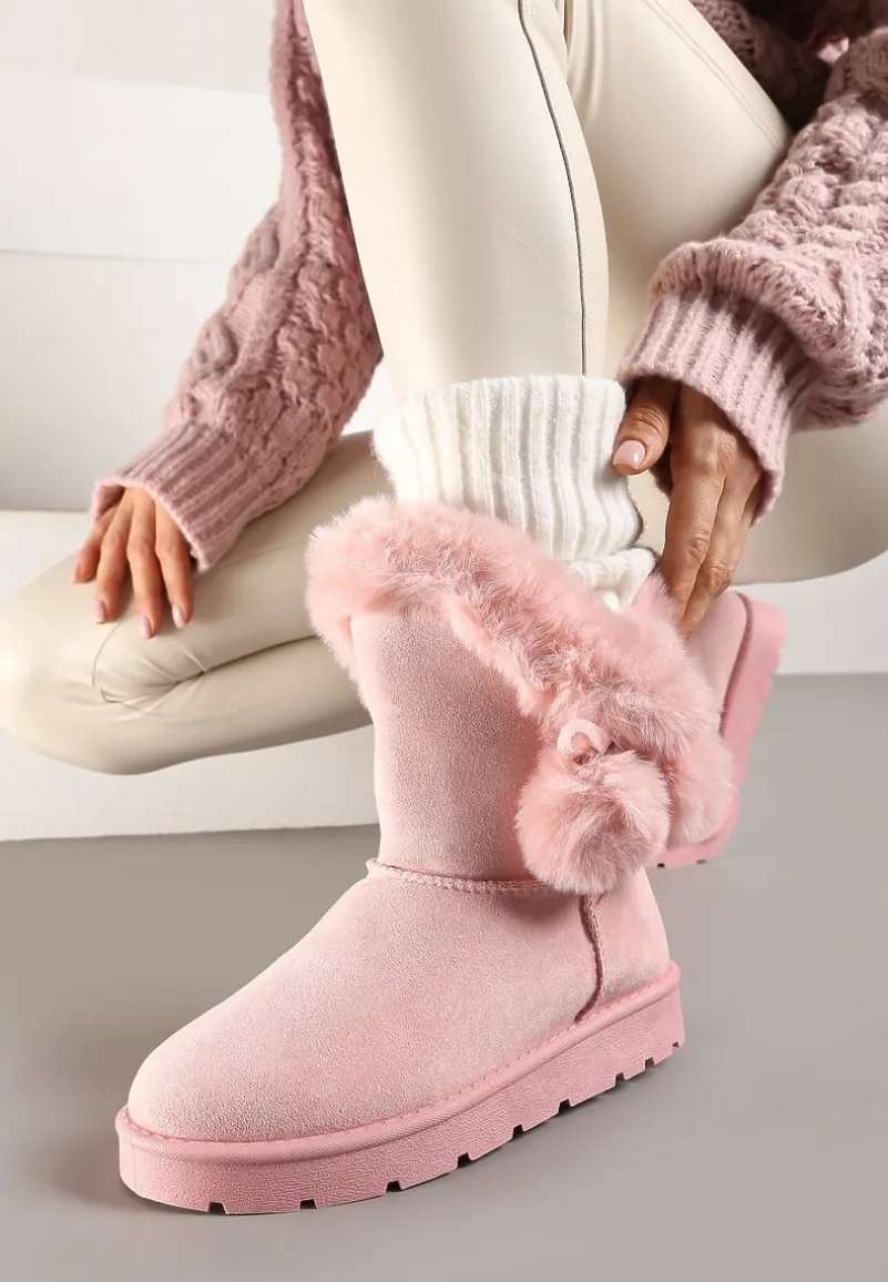 Różowe Śniegowce z Futerkiem i Pomponami Teido