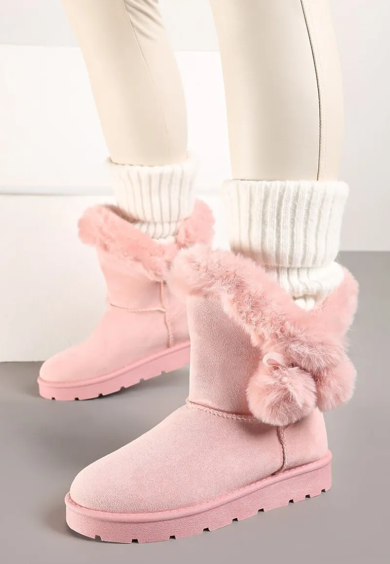 Różowe Śniegowce z Futerkiem i Pomponami Teido
