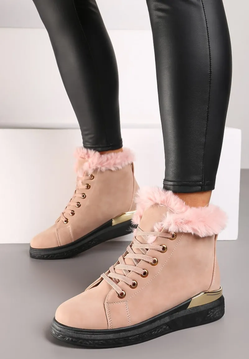 Różowe Ocieplane Traperki z Futrzanymi Wstawkami Erisarah
