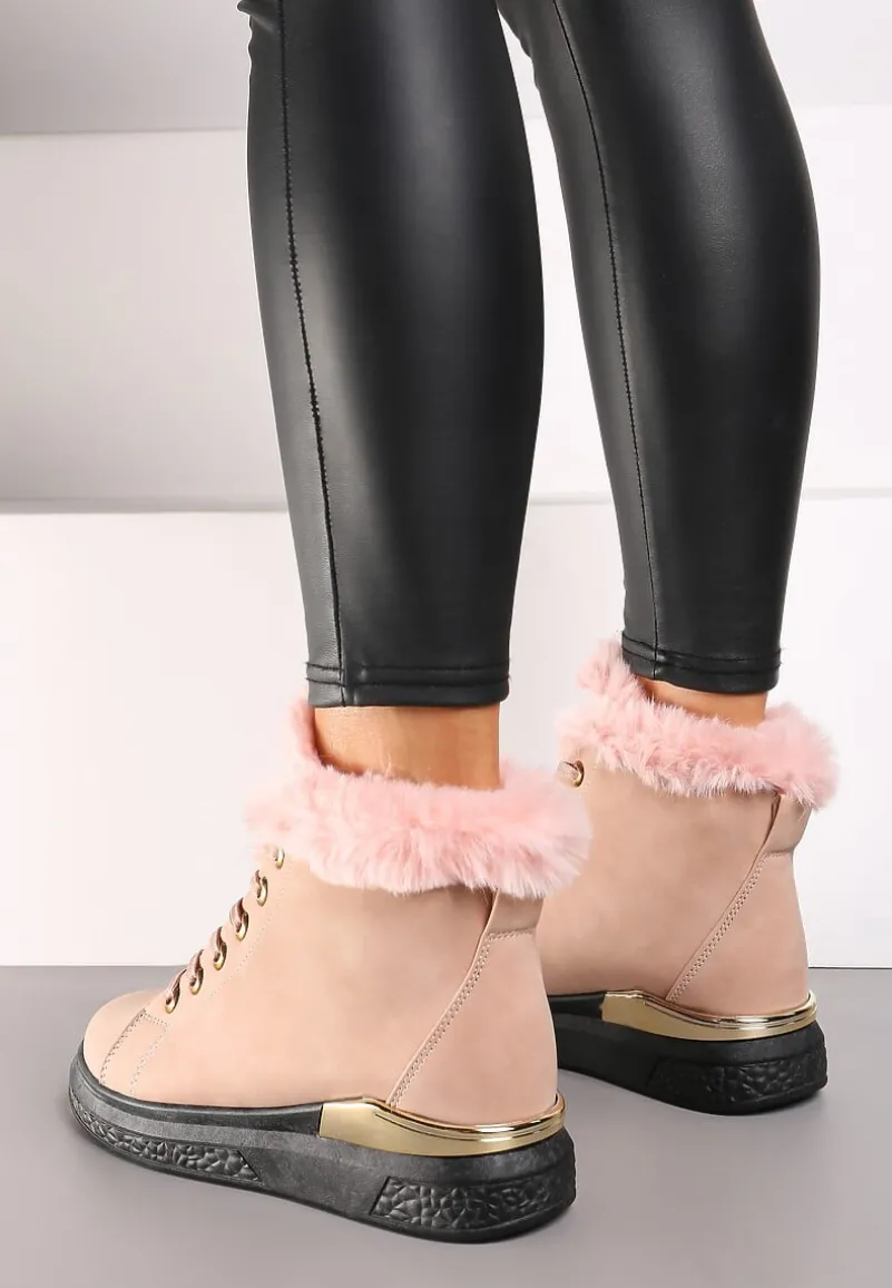 Różowe Ocieplane Traperki z Futrzanymi Wstawkami Erisarah