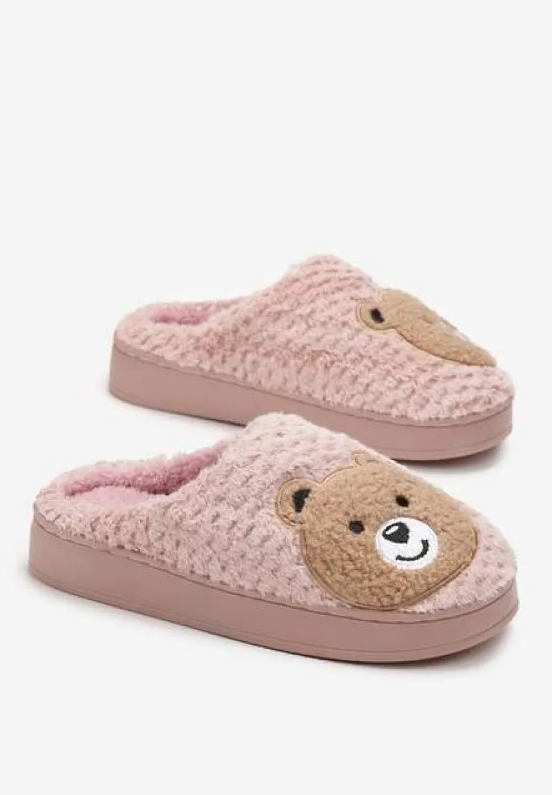 Różowe Ocieplone Kapcie z Naszywką w Kształcie Uroczego Misia Garana