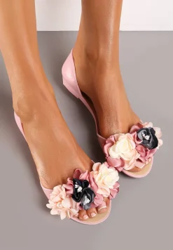 Różowe Otwarte Balerinki z Aplikacją z Kwiatami Anlofi
