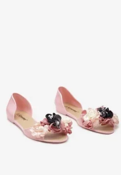 Różowe Otwarte Balerinki z Aplikacją z Kwiatami Anlofi