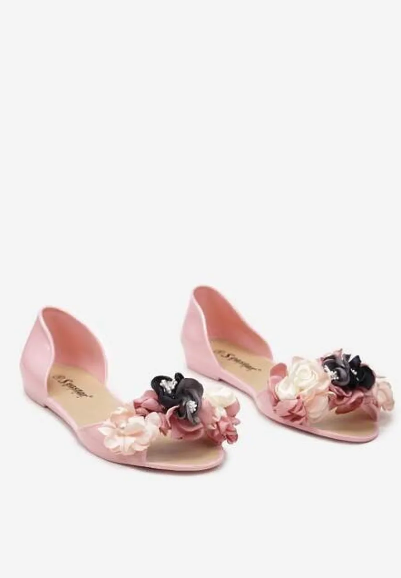 Różowe Otwarte Balerinki z Aplikacją z Kwiatami Anlofi