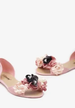 Różowe Otwarte Balerinki z Aplikacją z Kwiatami Anlofi