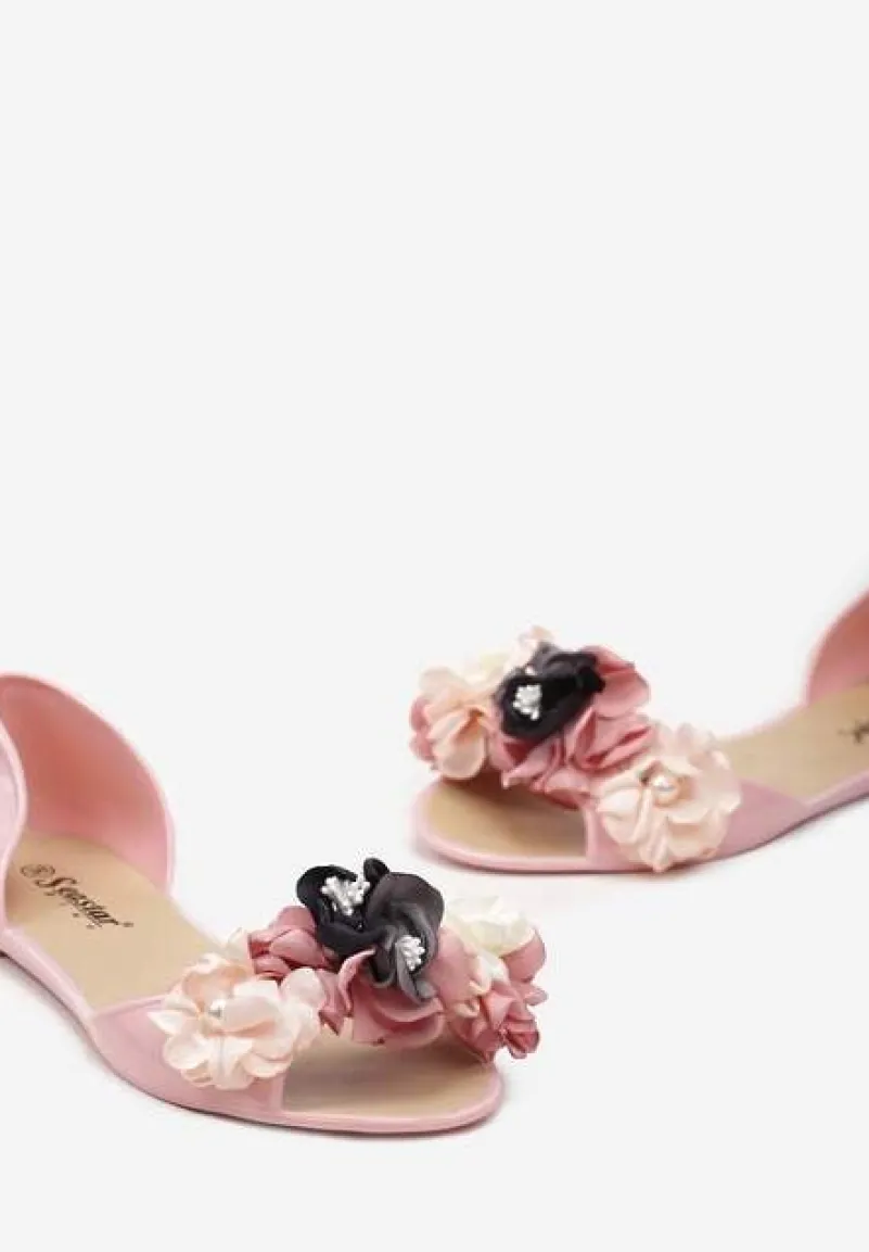 Różowe Otwarte Balerinki z Aplikacją z Kwiatami Anlofi
