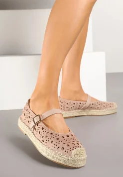 Różowe Płaskie Espadryle z Plecionką i Ażurową Cholewką Aralithra