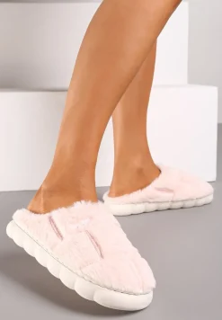 Różowe Płaskie Futrzane Kapcie z Geometrycznym Wzorem Naoritha