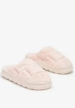 Różowe Płaskie Futrzane Kapcie z Geometrycznym Wzorem Naoritha