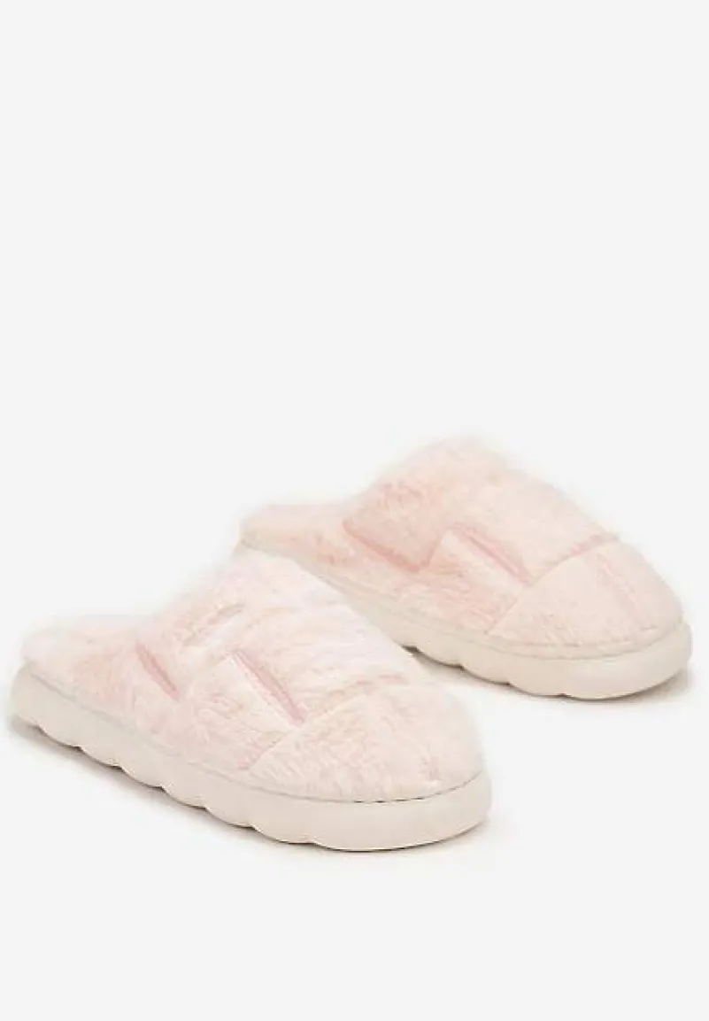 Różowe Płaskie Futrzane Kapcie z Geometrycznym Wzorem Naoritha
