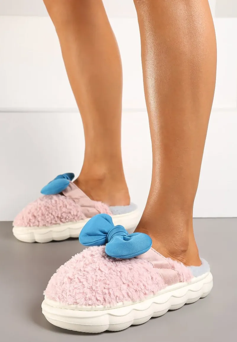 Różowe Płaskie Kapcie Ozdobione Kokardką Linnacira