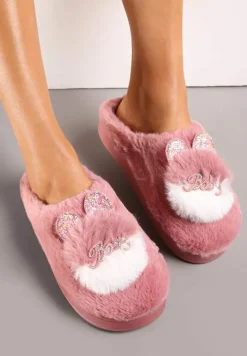 Różowe Płaskie Kapcie z Aplikacją 3D w Kształcie Króliczka Munere