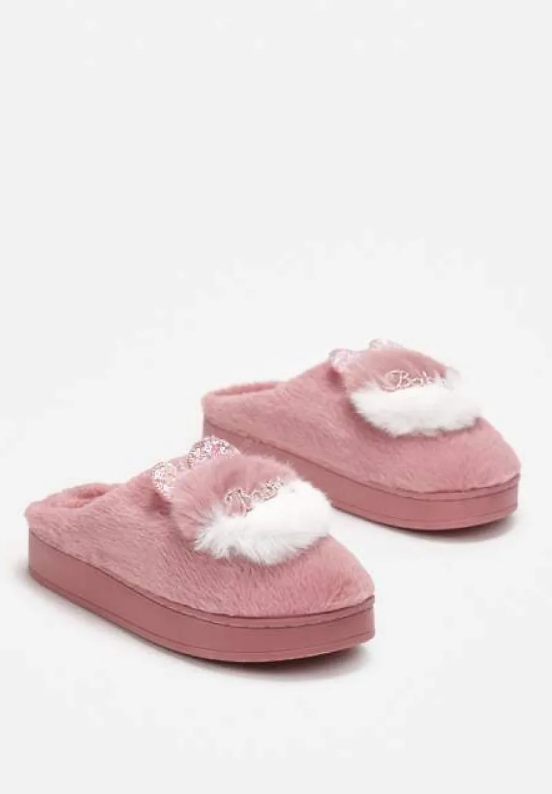 Różowe Płaskie Kapcie z Aplikacją 3D w Kształcie Króliczka Munere