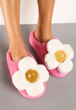 Różowe Płaskie Kapcie z Aplikacją Kwiatka 3D Temisia